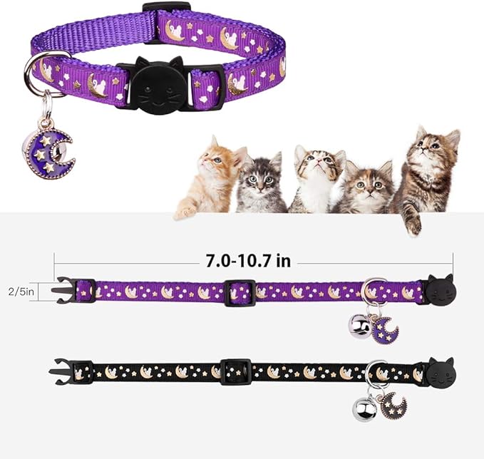 2Pcs Breakaway Cats Collars Cat Collars for Boy Cats Kitten Collars with Bell & Pendant Glow in The Dark,Black+Purple
