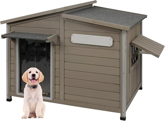 Dog House Outdoor Weatherproof Large Wooden Dog Kennel Indoor with Chew-Proof Iron Frame, Removable Floor, and Adjustable Window for Medium Dogs (Grey, 43.5" D x 29.5" W x 33.5" H)