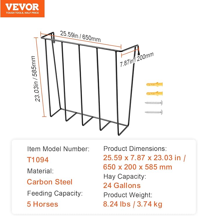 VEVOR Livestock Feeder, 24 Gallon Large Capacity, Heavy-Duty Steel Goat Hay Rack, 27'' Long Wall Mounted Horse Hay Holder, Multiple Sided Feeding Rack for Sheep Farm Livestock Indoor Outdoor