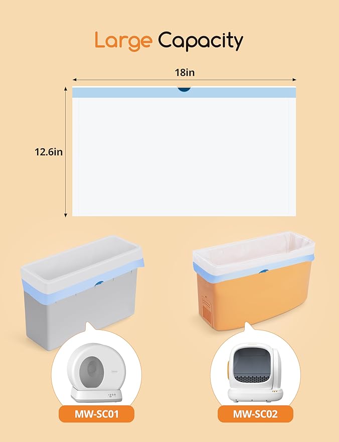 MeoWant Cat Litter Box Liner - 60PCS Heavy Duty Drawstring Trash Bags for MeoWant MW-SC01/MW-SC02 Automatic Self-Cleaning Boxes, Extra Thick Leakproof, 3 Rolls (20 Bags/Roll)