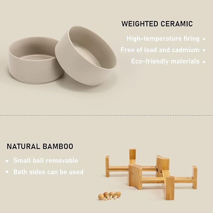 SPUNKYJUNKY 15° Slanted Ceramic Dog and Cat Bowl with Wooden Stand, Tilted Bulldog Food and Water Bowl No Slip Non-Spill for Cats Medium Dogs Big Face Pets 28.7 OZ (3.6 Cups, Grey × 2)