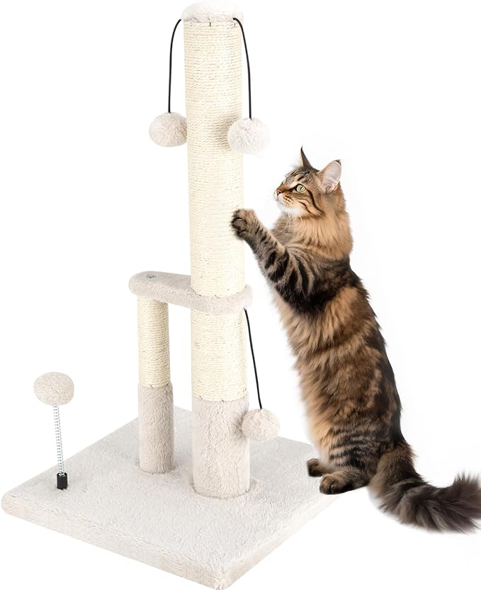 Dimaka Tall Cat Scratching Post, Double Lower Posts Extra Stable Cat Post Tree Scratcher with Sisal Rope and Teasing 4 Balls Total Large Base (Beige)
