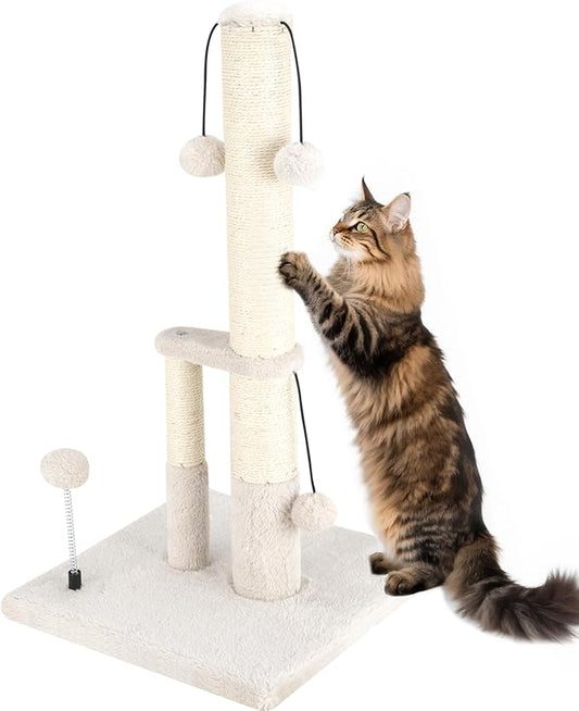 Dimaka Tall Cat Scratching Post, Double Lower Posts Extra Stable Cat Post Tree Scratcher with Sisal Rope and Teasing 4 Balls Total Large Base (Beige)