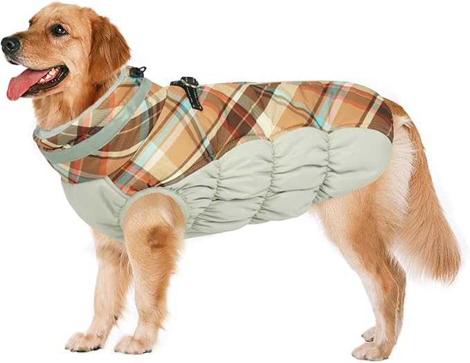 Lelepet Dog Coat Warm Dog Winter Coat Waterproof Dogs Jacket with Harness Built in Reflective Pet Fleece Vest Zip-Up Cold Weather Coats for Large Dogs Turtleneck Windproof Coats Pitbull Brown Plaid