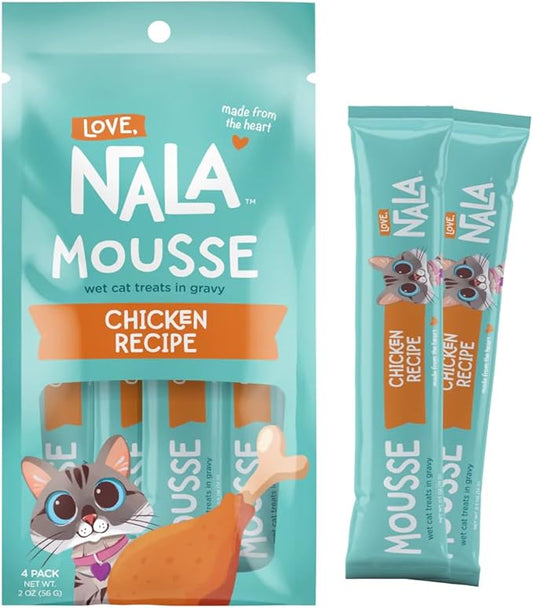 LOVE, NALA - Natural Lickable Cat Squeeze Up Treat,Topper - Chicken Mousse - Wet Food Cat Puree - Grain Free, Minerals, Vitamins - 4 Pack 2 oz.