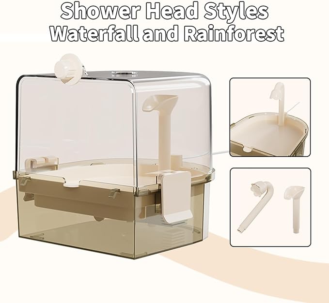 Automatic Bird Baths for Cage – Indoor Parakeet Bath with Pump, Bird Shower with 2 Modes Running Water, Bird Cage Accessory for Pet Birds Conure Budgies Cockatiels Lovebird (Light Brown)