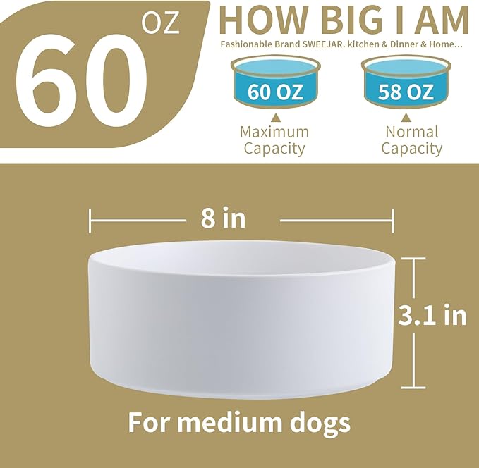 White Elevated/Raised Dog Bowl Ceramic for Medium Large Sized Breed,Dog Food Water Bowl with Stand,8 in 7.6 Cups Non Slip Heavy Weighted Dog Dish