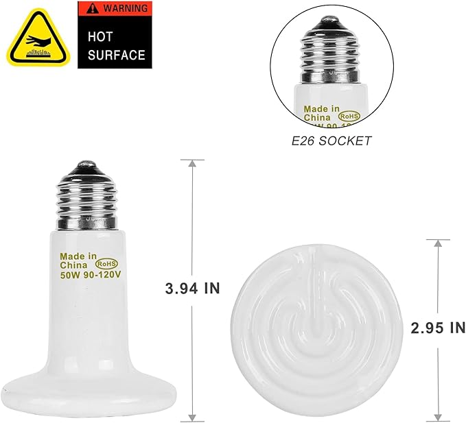 WUHOSTAM 50W 3 Pack Ceramic Heat Lamp, White Infrared Emitter Bulb Infrared Ceramic Heat Lamp for Pet Coop Heater Reptile Chicken Lizard Turtle Brooder, No Harm No Light, ETL Listed