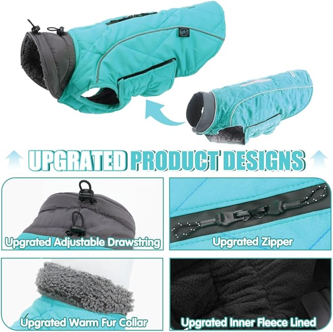 EMUST Winter Coat for Large Dogs, Windproof Dog Jacket for Cold Weather, Extra Warm Dog Winter Clothes for Small Medium Large Dogs, Turquoise, XXL