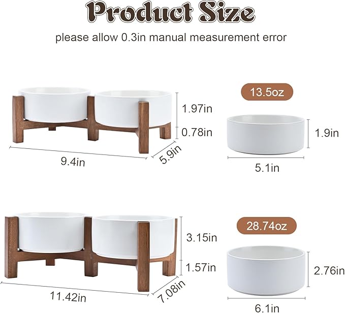 SPUNKYJUNKY Ceramic Dog Bowls with Acacia Wood Stand - Raised Dog Food and Water Bowl Set for Small Dogs (13.52 OZ, White)