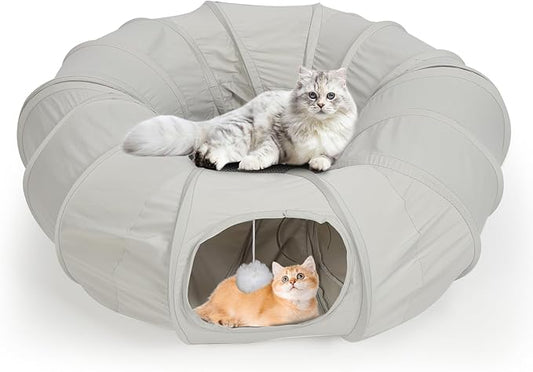 Foldable Cat Tunnel Bed for Indoor Cats, Soft Cave Cat Donut Playing Tunnels with Washable Circle Cushion, Detachable Round Pet Space Capsule Toy with Hanging Ball for Kitten Puppy Rabbit