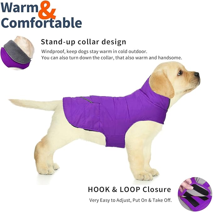 Dog Coat, Waterproof Dog Winter Jacket with Pocket, Reflective Adjustable Pet Snow Vest, Warm Cozy Fleece Sweater for Small Medium Extra Large Dogs - Purple, S