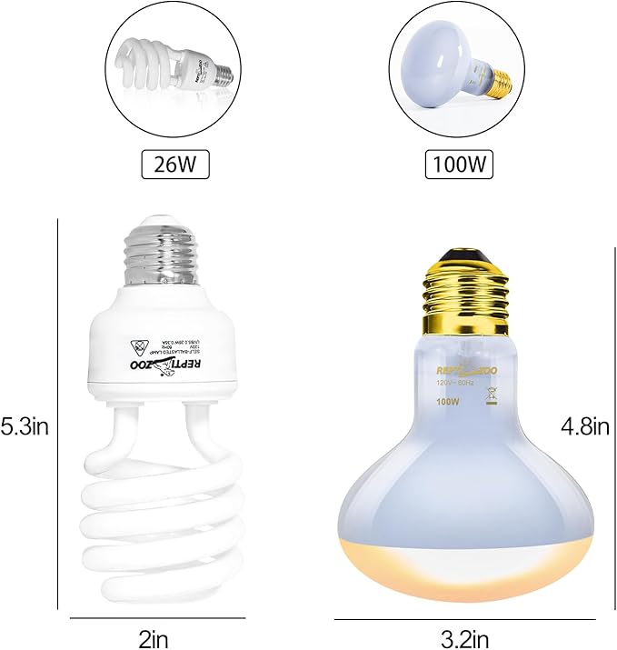 REPTI ZOO Dual Reptile Light Fixture Reptile Heat Lamp Combo Pack, 100W UVA Daylight Basking Spot Light and 26W UVA UVB Reptile Light Energy Saving Spiral Compact Lamp UVB Bulb 5.0