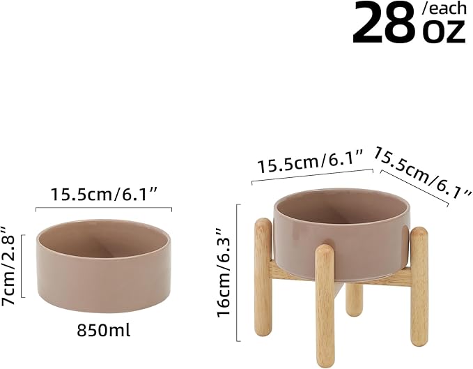 Ceramic 6.1inch Raised Dog Bowl with Stand for Small and Medium Dog Dish Pet Food and Water Bowl (Single Bowl with Stand - Brown Coffee)