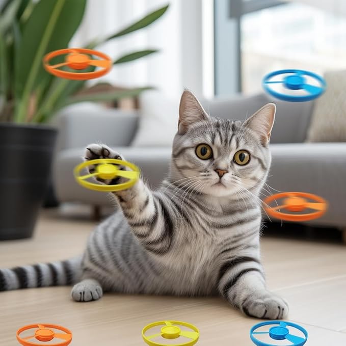 Cat Fetch Toy, Interactive Flying Cat Toy with 20 Flying Propellers, Kitten Tracks Toy for Training Hunting Chasing(Yellow)