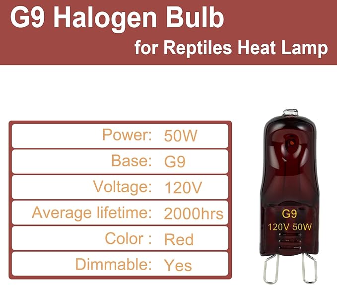 G9 Heat Lamp Bulbs for Reptile,Night Red, Mini Halogen Bulb 50W, Infrared Reptile Heat Lamp for Bearded Dragon Gecko Turtle Lizard, Pack of 3