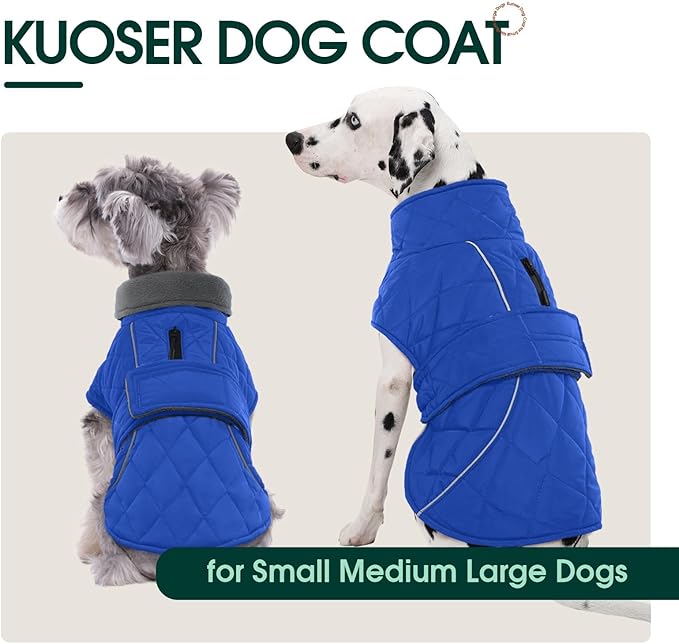 Kuoser Dog Coat, Extra Warm Dog Jacket Windproof Dogs Cold Weather Coats for Large Dogs, Fleece Lining Turtleneck Puppy Snowsuit Reflective Adjustable Pet Winter Clothes Christmas, Blue XL