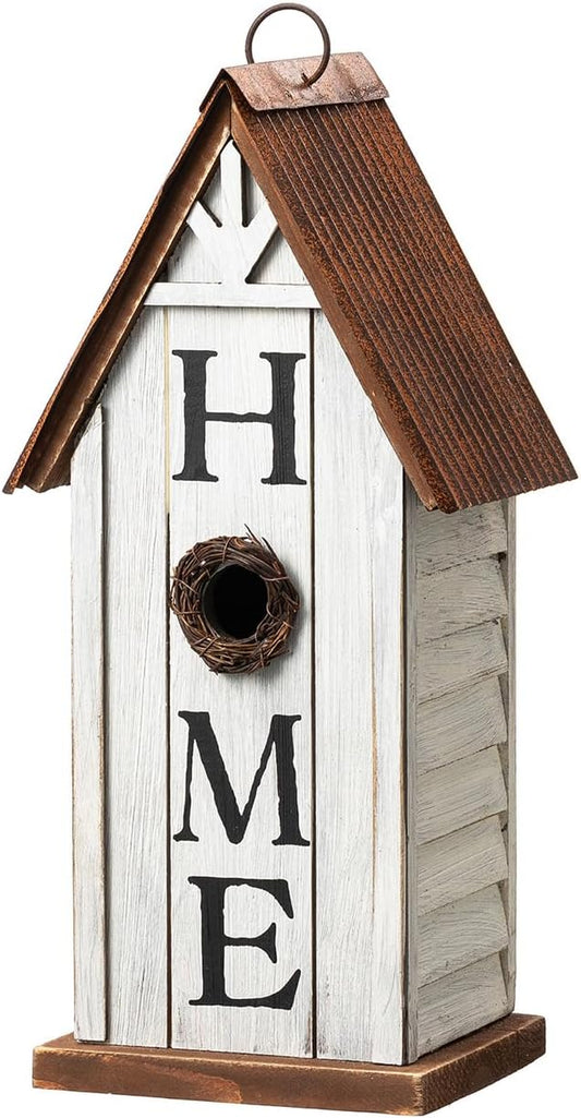 Glitzhome Decorative Bird Houses for Outdoors,14.75" H Distressed Bluebird House Solid Wood Hanging Bird House Home Inspiration Decorative Pet Cottage Outdoor Garden Birdhouse,Washed White