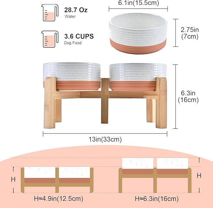 SPUNKYJUNKY Elevated Dog Bowls Ceramic, 6.1'' Dogs and Cat Food Water Bowls Raised with Non-Slip Bamboo Stand for Medium Sized Breed Microwave Dishwasher Safe - 28.7 OZ,Pattern White