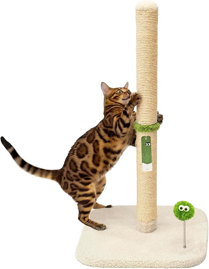 TINYBEAST 34" Tall Cat Scratching Post for Indoor Cats, Premium Natural Sisal Scratcher with Interactive Plush Toy Ball, Reinforced Stable Base for Large Adult Cats & Kittens(Beige)