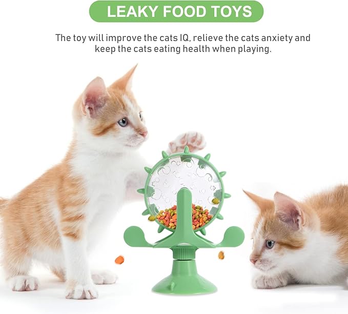 iplusmile Cat Food Leakage Toy, Interactive Windmill Game Cat Puzzle Food Treat Dispensing Toy with Suction Cup for Kitten Puppy Slow Feeder Snacks, Green