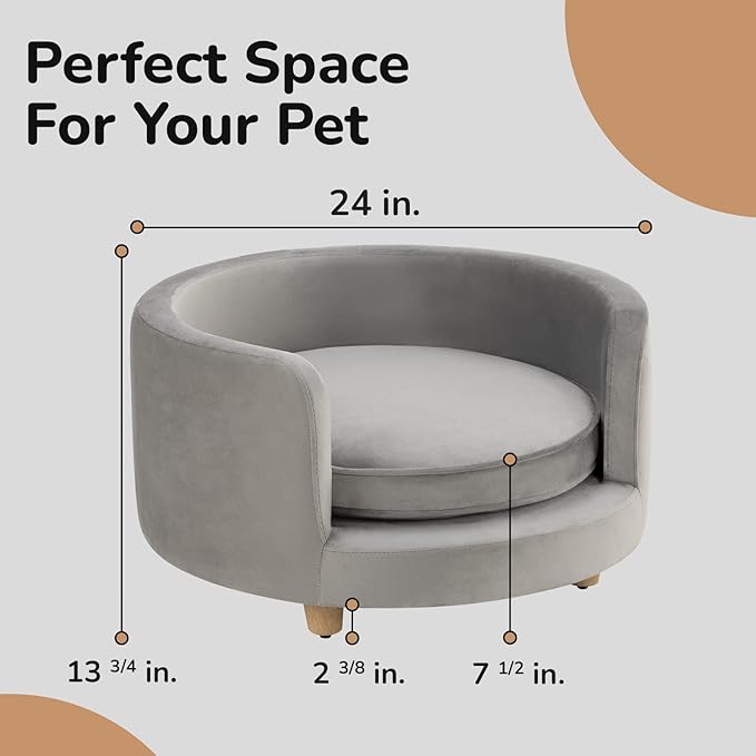 dCee Round Dog Sofa - Cat Couch, Holds up to 50 Lbs, 24 in. Soft Velvety Pet Couch for Comfort Sleep, Joint Support, Dark Grey