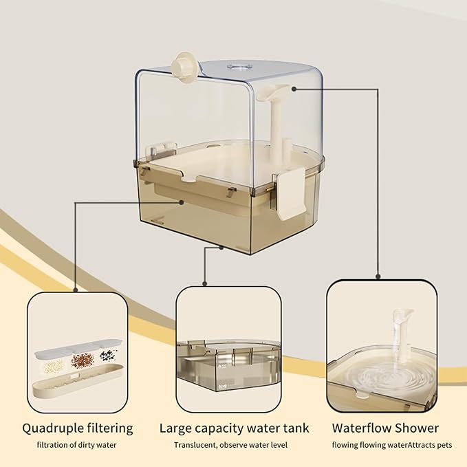 Automatic Bird Baths for Cage – Indoor Parakeet Bath with Pump, Bird Shower with 2 Modes Running Water, Bird Cage Accessory for Pet Birds Conure Budgies Cockatiels Lovebird (Light Brown)