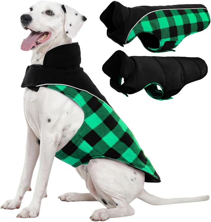 Kuoser Dog Winter Coat, Reversible Waterproof Dog Jacket with Reflective Strip, Warm Dogs Fleece Vest Adjustable Doggy Cold Weather Clothes Plaid Christmas Outfit Pet Apparel for Large Dogs, Green XL