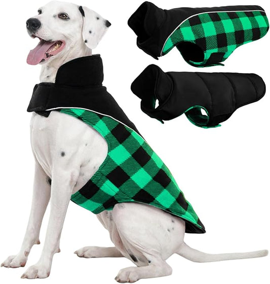 Kuoser Dog Winter Coat, Reversible Waterproof Dog Jacket with Reflective Strip, Warm Dogs Fleece Vest Adjustable Doggy Cold Weather Clothes Plaid Christmas Outfit Pet Apparel for Large Dogs, Green 2XL