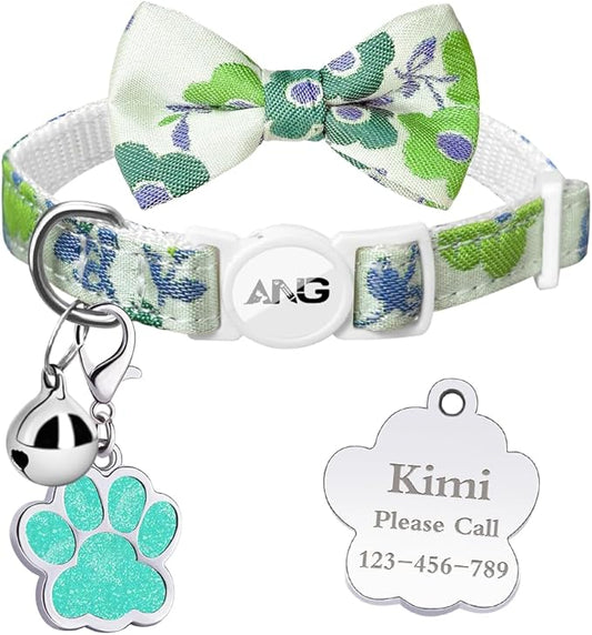 Personalized Breakaway Cat Collars - ID Tag, Bell, Bowtie - Safety Quick-Release, Customized for Girls & Boys Cats (Floral Pattern-Green)