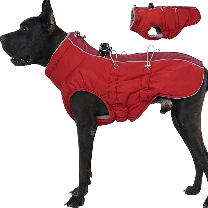 Dog Coat Winter Warm Dog Jackets for Large Dogs Reflective Snowsuit with Harness Fleece Dogs Snow Jacket Waterproof Pet Clothes for Cold Weather