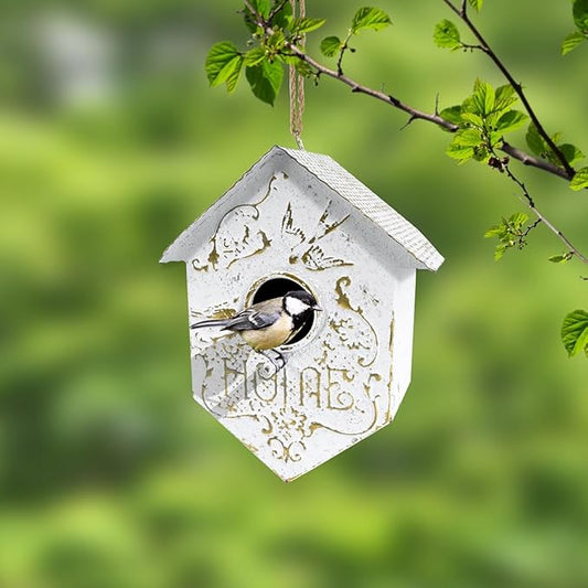 Vintage Hanging Bird Houses for Outside Metal Bird Nest Box for Bluebird Wren Chickadee Sparrow Garden Patio Outdoors Birdhouses Unique Distressed White Decoration