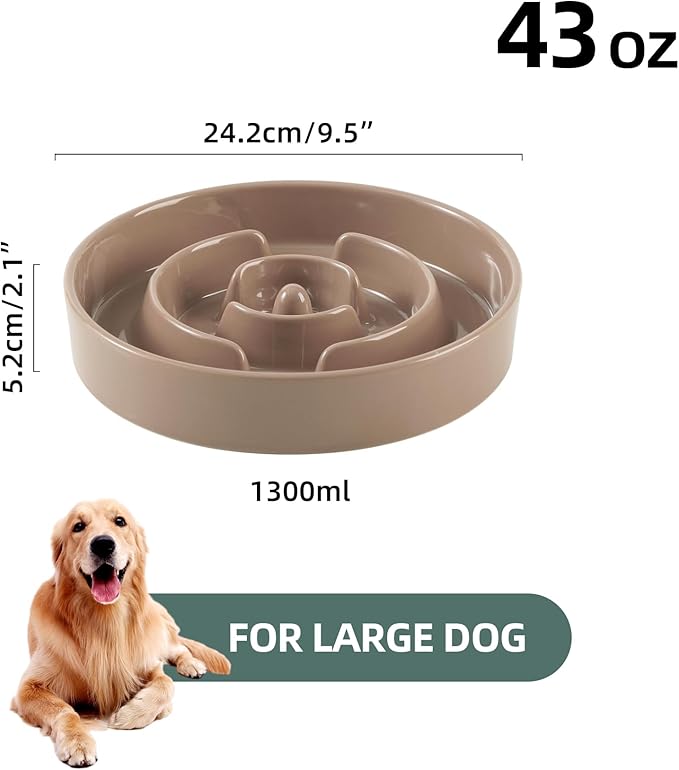 9.5inch Ceramic Slow Feeder Dog Bowl for Large Dog, Puzzle Dish, Anti-Gulping, Pet Slow Feeder, Stop Bloat, Preventing Choking (Single Bowl-Brown Coffee)