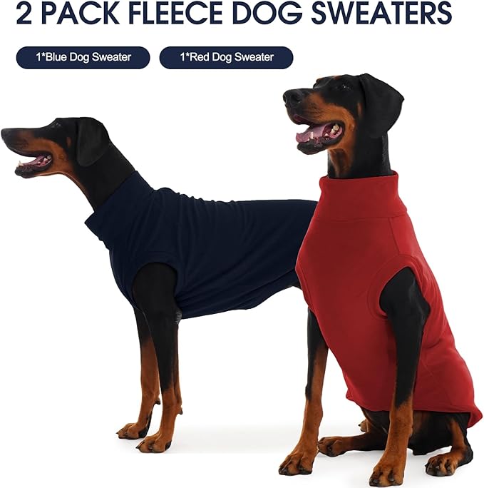 IECOii 2 Pack 2XL Fleece Dog Sweater, Warm Soft Sweaters for Large Dogs Boy Girl, Stretchy and Comfortable Fall & Winter Coats for Holiday, Daily Wear, Outdoor Playing (Size XXL, Blue & Red)