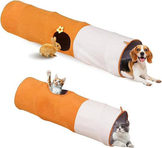 Cat Tunnels for Indoor Cats,Collapsible Crinkle Pet Toy with 3 Holes & Balls,9.8in x 37.5in/47.2in Orange Play Tube for Kittens,Rabbits,Guinea Pigs & Ferrets (9.84inx31.5in)