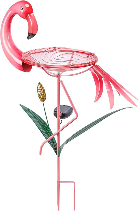 VCUTEKA Glass Bird Bath Outdoor Solar BirdBath Bird Feeder with Metal Stake Garden Decor, Flamingo