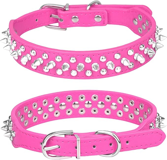 Spiked Dog Collar, Mushrooms Rivet Studded Adjustable Pu Leather Pet Collars for Cats Puppy Dogs (M, Hot Pink)