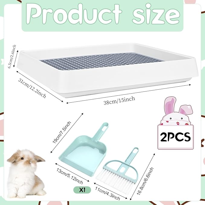 VAIPI 2 Pack Large Rabbit Litter Box with Small Broom and Dustpan Litter Pan for Cage Grate Restroom Bunny Toilet Tray for Rabbit Rats- 15 x 12.2 x 2.6 Inches