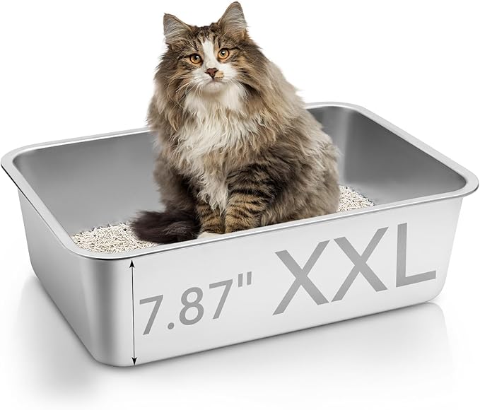 GOLDENKEY Extra Large Stainless Steel Cat Litter Box with High Sides,XL Metal Litter Box for Big Cat,Non Stick Smooth Surface,Easy to Clean,Deep & Durable(23.43" L x 15.55" W x 7.87" H)