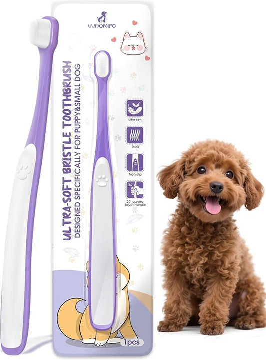 Tiny Dog Toothbrush for Small Dogs - 0.39" Mini Brush Head, Curved Handle, Soft Bristles, Dual Rubber Back, Gentle Puppy Tooth Brush Kit for Yorkie Chihuahua & Small Dog Teeth Cleaning