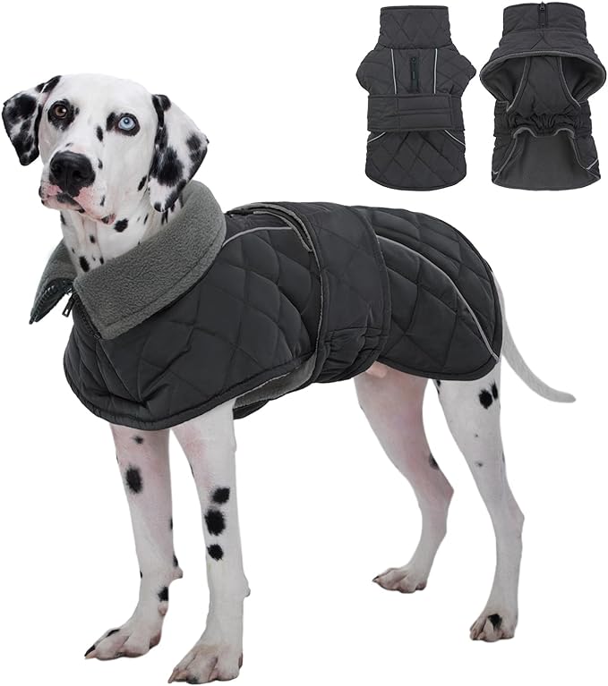 Kuoser Super-Warm Dog Jacket Windproof Cold Weather Coats for Extra Large Dogs, Fleece Lining Turtleneck Dog Snowsuit Reflective Adjustable Pet Winter Coat, Dark Grey 3XL