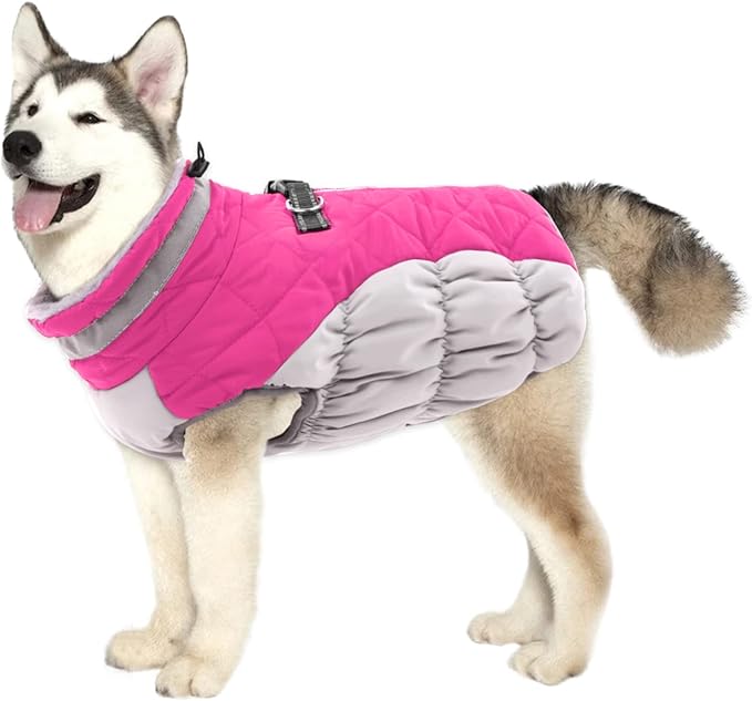 Lelepet Dog Coat Warm Dog Winter Coat Waterproof Dogs Jacket with Harness Built in Reflective Pet Fleece Vest Zip-Up Cold Weather Coats for Large Dogs Turtleneck & Windproof Coats Pitbull Rose Red 2XL