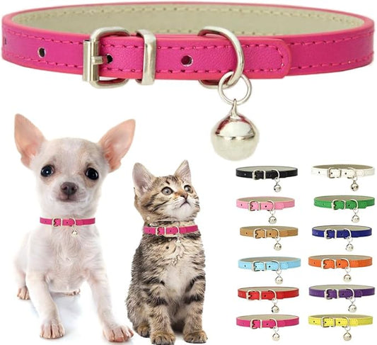 Hot Pink XXS Dog Collar with Bell, Soft Pu Leather Cat Collars Adjustable Buckle for XS Extra Small Medium Tiny Female Girls Pets Puppy Kitten Teacup Yorkie XX-Small
