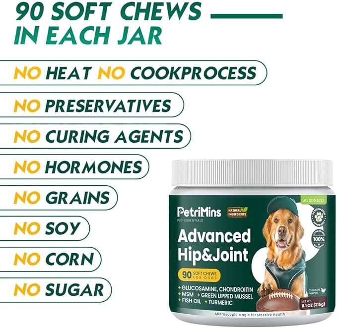 Advanced Hip & Joint Supplement for Dogs with Glucosamine and Chondroitin, for Dogs Glucosamine, Organic Turmeric, Egg Shell Membrane, Green Lipped Mussel, 90-Count, Chicken