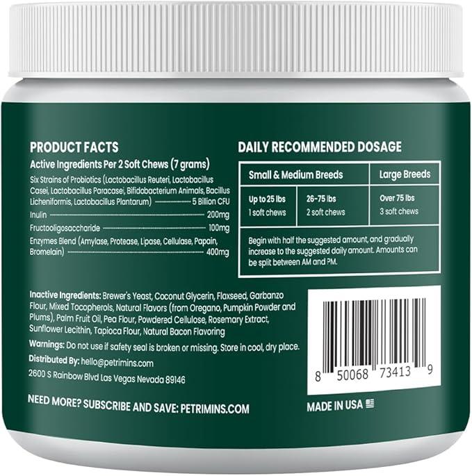 Advanced Probiotic for Dogs, Supports Digestive Health, Immune Health, Gut Health, Improves Nutrient Absorption - Six Strains of Probiotics - Inulin - Enzyme Blend, 90-Count, Bacon
