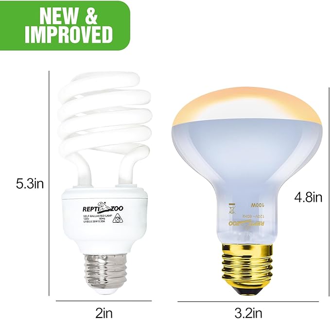 REPTI ZOO Reptile Heat Lamp Combo Pack, 100W UVA Daylight Basking Spot Light Heating Lamp and 26W UVA UVB Reptile Light Energy Saving Spiral Compact Lamp UVB Bulb 5.0
