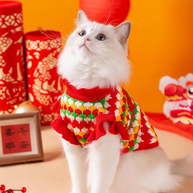 Small Dog Sweater, Knitted Tulip Cat Sweater, Warm Thick Holiday Puppy Clothes for Small Dog Girl,Cold Weather Outfit for Kitten Chihuahua Yorkie Teacup Dachshund Pug (Red, X-Large)