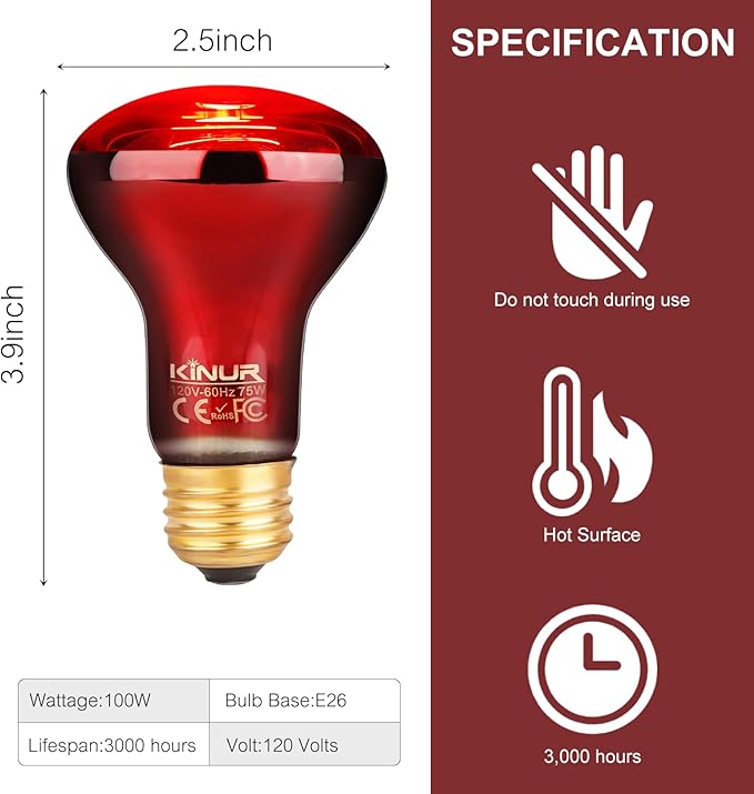 KINUR 75W Reptile Heat Lamp Bulb-Infrared Heat Emitter Red Heat Lamp for Reptile Amphibian, Infrared Basking Spot Light Bulb for Bearded Dragon,Turtle,Lizard,Snake,Gecko,Chick,Red,2 Pack