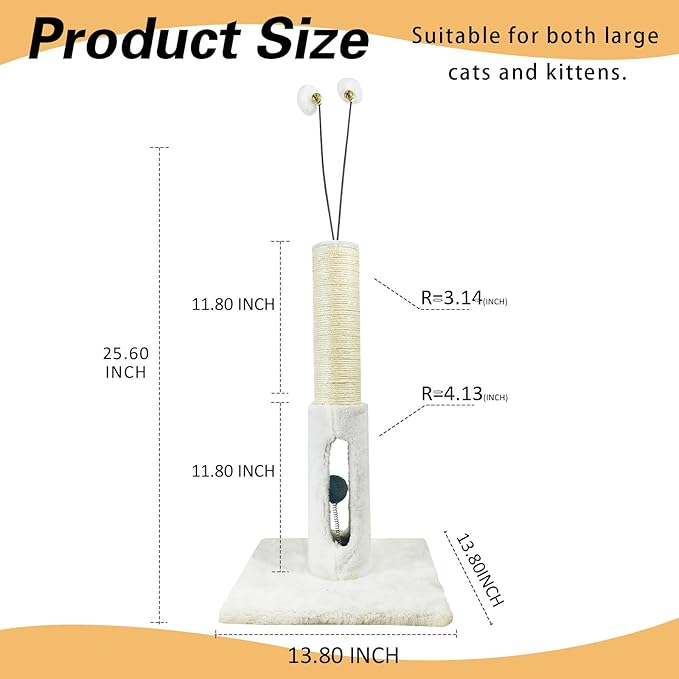 Cat Scratching Post 25 Inches Heavy Duty and Thicker Cat Scratching Post Cotton Rope with Hanging Ball and Mice Scratching Post for Indoor Cats and Adult (Beige, 25" H)