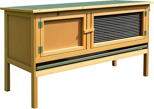 PawHut Wooden Rabbit Hutch Bunny Cage with Openable Waterproof Roof, No Leak Tray Sturdy Fir Wood Build for Indoor/Outdoor